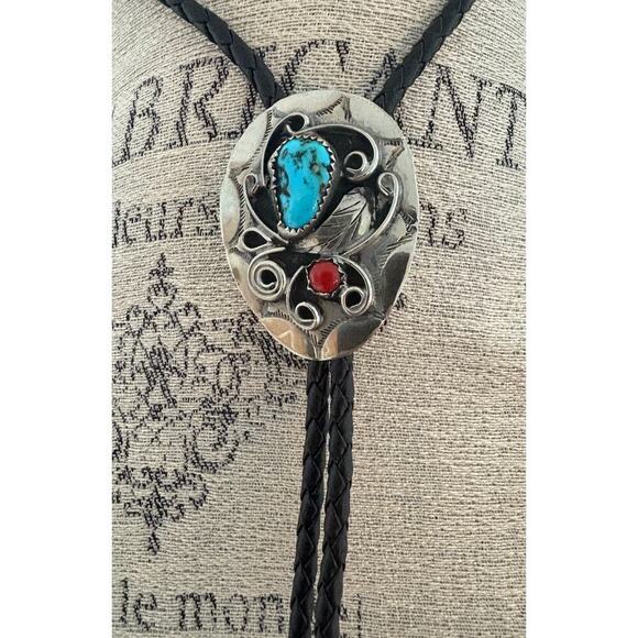 Men’s Zuni-Style Turquoise Coral Bolo Tie Silver Tone‎ Western Jewelry